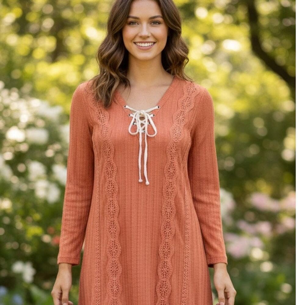 Entro boho textured knit and crochet lace mini dress